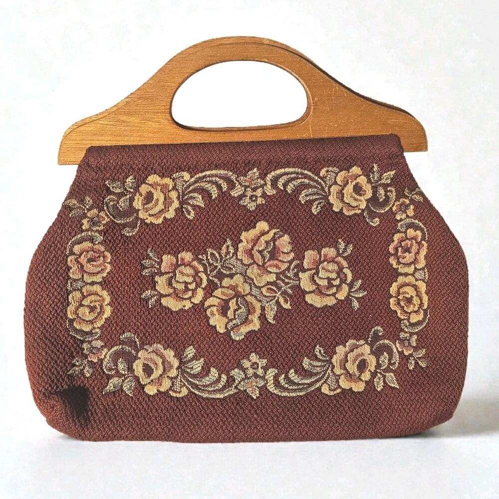 Handbag Purse Vintage Bag Floral Wood Handles Lined Maroon Woven Women Ladies